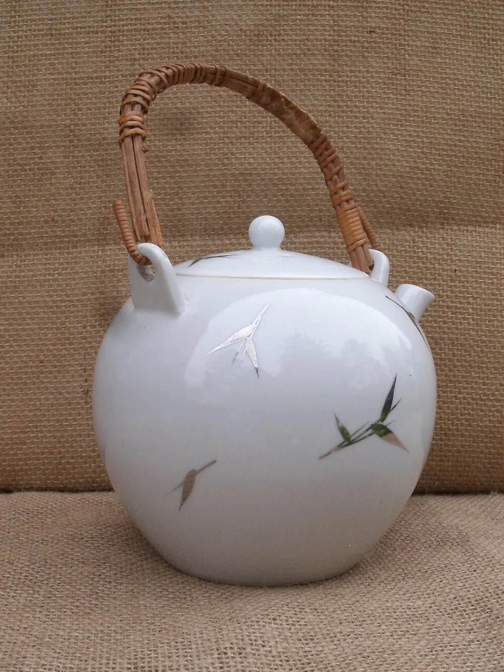 Vintage Otagiri Brushstroke Bamboo Teapot Rattan Handle